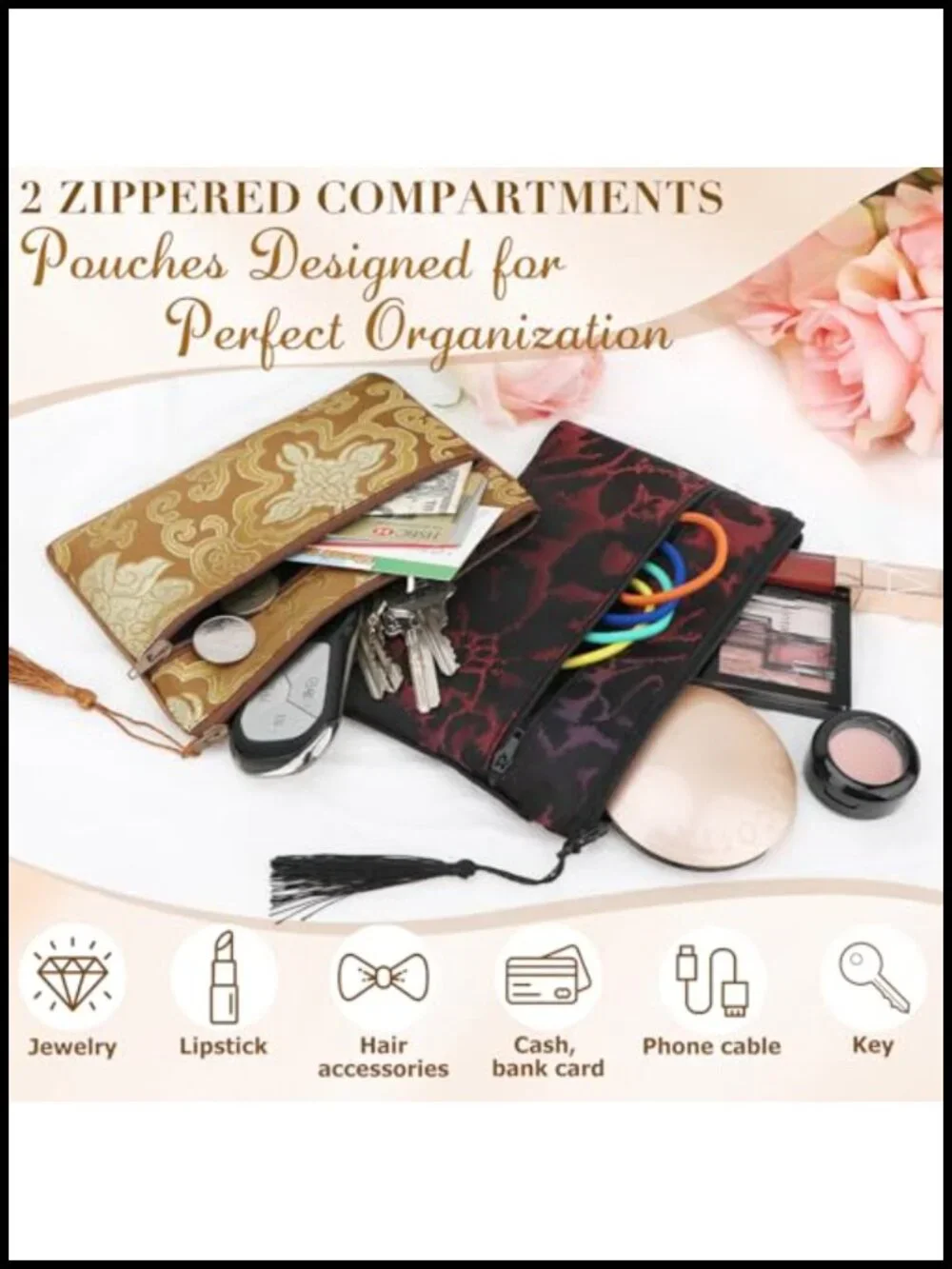 2-Piece Chinese Silk Brocade Jewelry Bags with Zipper Compartments, Tassel Gift